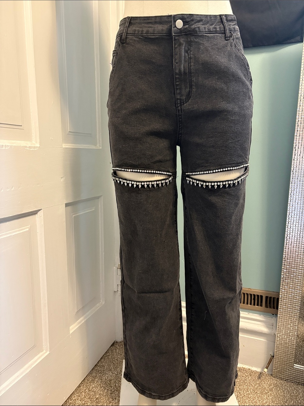 Women's Black Boot Cut Jeans with Knee Zip and Rhinestone Trim